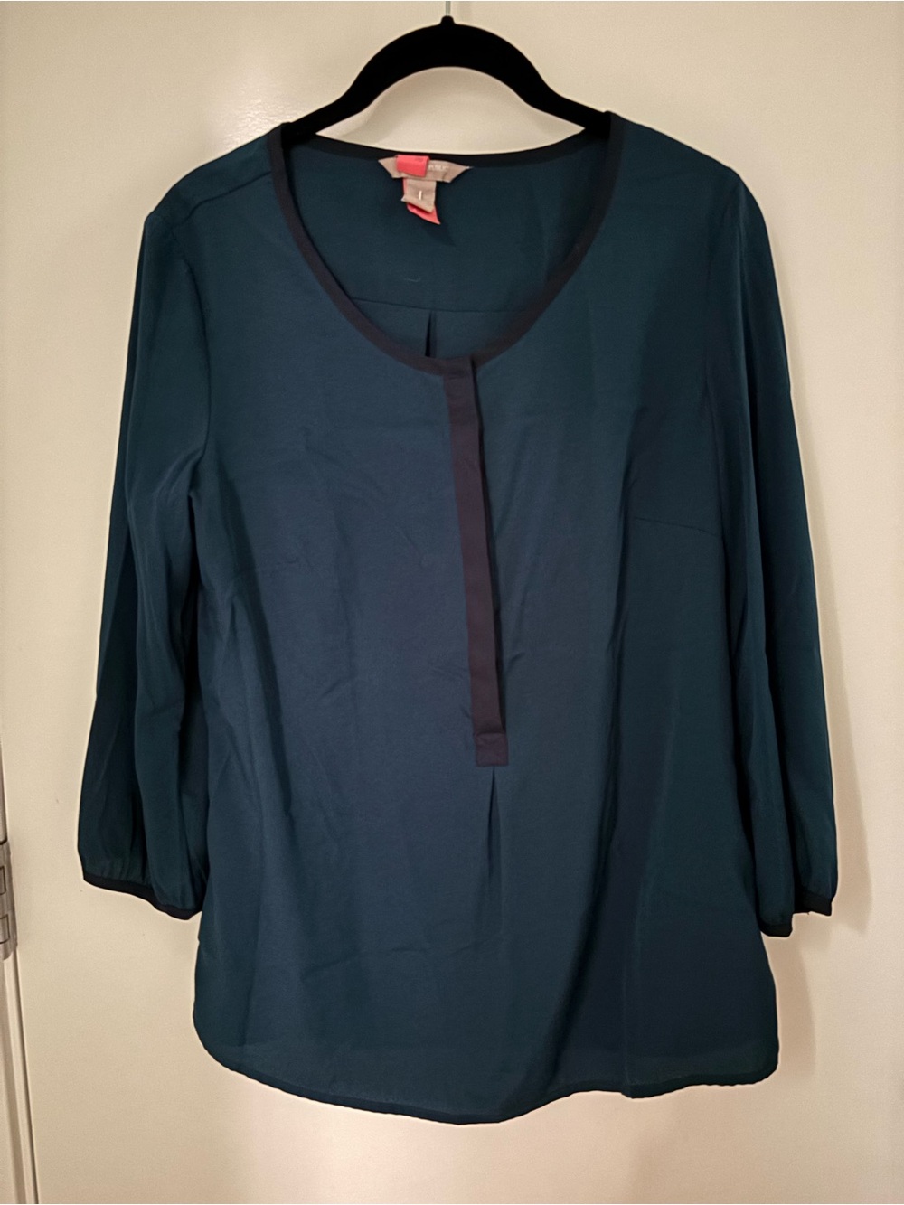 Women’s Teal Blouse with Contrast Navy Trim